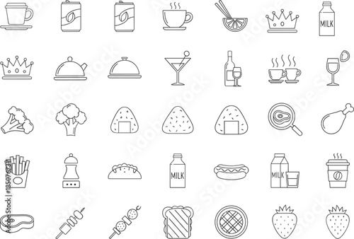 A large, comprehensive vector set of black outline food and drink icons, featuring coffee, wine, fast food, sushi, steak, and produce, perfect for menus, apps, and general kitchen graphics.