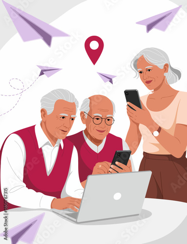 Three seniors are collaborating on technology, sharing smartphones and laptops while engaging in a learning process that emphasizes connection and adaptation in the digital age.