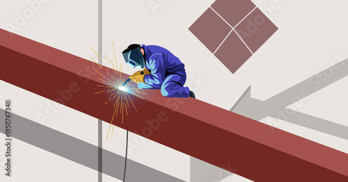 An image capturing a welder engrossed in his task, skillfully working on a steel beam while sparks fly, showcasing dedication, craftsmanship, and industrial strength.