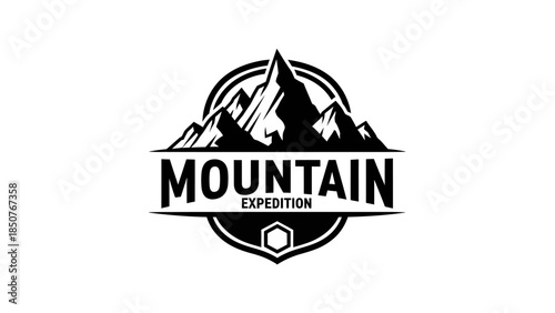 Mountain Expedition Logo Emblem with Rugged Peaks.