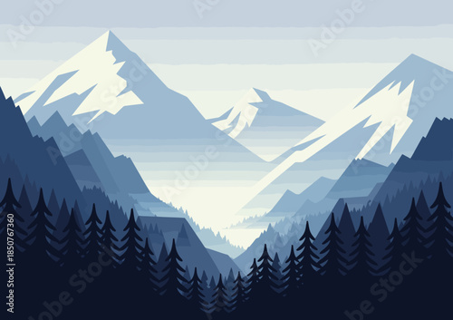 A stunning view of a mountain range, featuring towering peaks and lush pine forests, creating a serene and tranquil landscape that invites outdoor adventure and exploration.