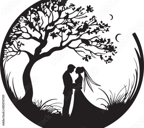 A silhouette illustration of a wedding couple in a park captures a bride and groom kissing under a tree amidst a spring landscape of grass and flowers to celebrate love and happiness