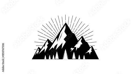 Stylized Mountain Range with Sunburst Graphic.