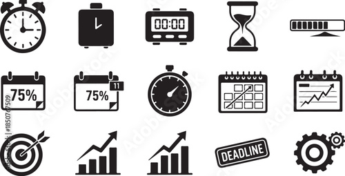 Time management and progress icons set