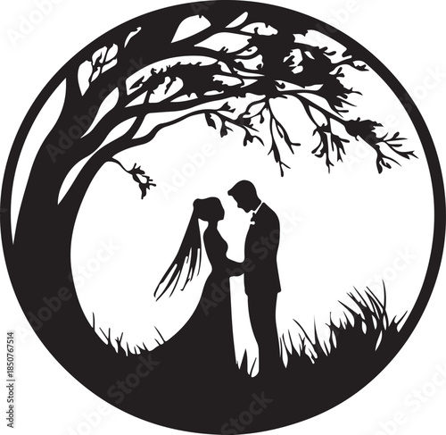 A romantic wedding couple kissing in a black silhouette vector illustration captures the essence of love and happiness between lovers at night in a nature park