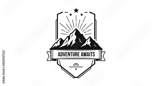 Vintage Mountain Adventure Awaits Emblem Badge Design.