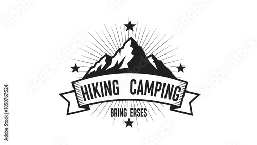 Vintage Hiking and Camping Mountain Emblem with Stars.