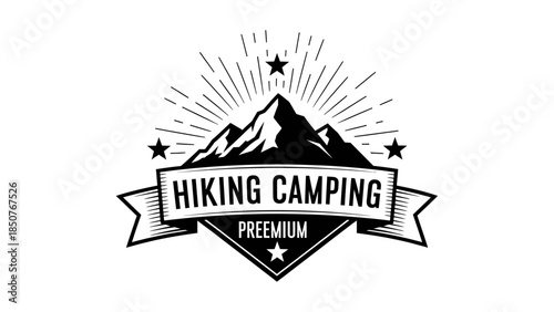 Vintage Hiking and Camping Emblem with Mountains and Stars.