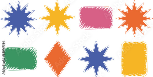A colorful vector set of eight rough, hand-drawn starburst and banner shapes with scribble texture, including stars and rounded rectangles, perfect for attention-grabbing labels, 