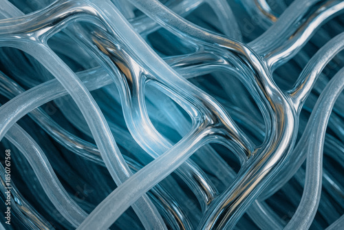 Abstract futuristic architecture of transparent glass tubes and blue glowing light