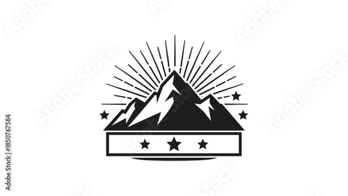 Vintage Mountain Peak Emblem with Sunburst and Stars.