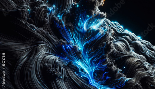 Abstract organic structure with turquoise glowing veins and soft smoke textures