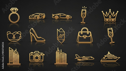 Golden luxury icons including jewelry, cars, fashion, travel, and symbols of wealth on black background