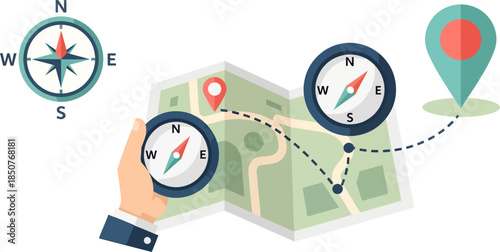 Navigation Map with Compasses and Location Pins Illustration
