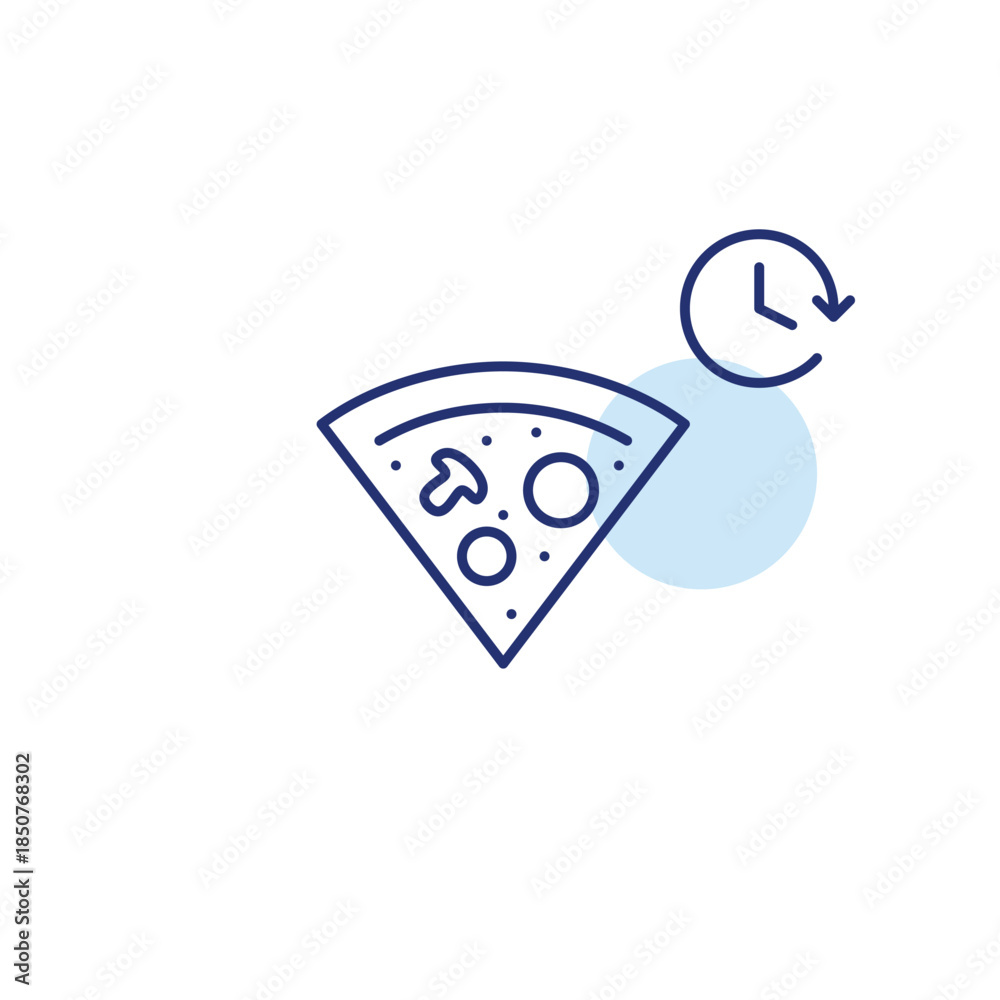 Obraz premium Slice of pizza with tomatoes, mushrooms, salami and clock. Food scheduled delivery and meal pick-up on time. Takeaway fast food. Pixel perfect, editable stroke vector icon