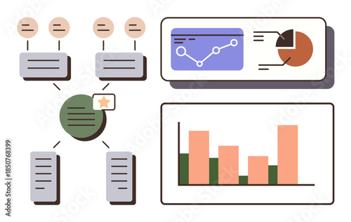 Diagram featuring bar chart, pie chart, workflow nodes, and hierarchical structure. Ideal for business analysis, team planning, data strategy, workflow management, performance tracking infographics