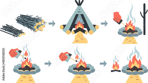 Wood Gathering and Fire Building Process Illustration
