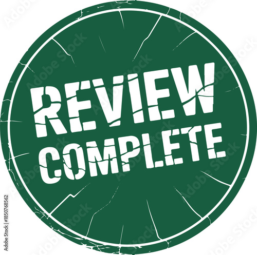 Review Complete Stamp – Green Circular Distressed Label for Finalized Assessments and Quality Control Confirmation