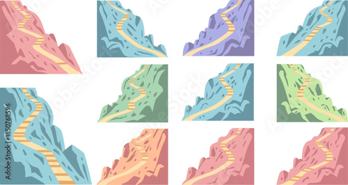 Colorful Mountain Path Illustration Set in Pastel Tones