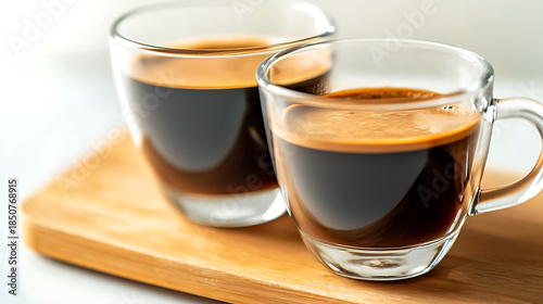 Two cups of coffee on a wooden board offer a warm, inviting scene. Perfect for enjoying a relaxing morning or a quick afternoon pick-me-up, it's a caffeinated delight.