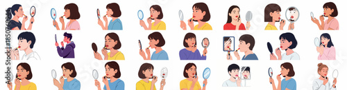 Collection of people applying lipstick or lip balm in various poses, looking into hand mirrors or compacts, isolated vector illustrations for beauty and cosmetic concepts.