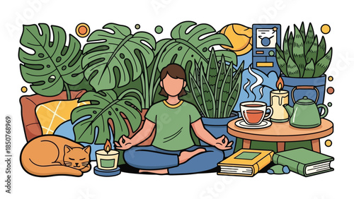 Man meditating with cat and tea