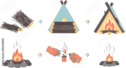 Wood Gathering and Fire Starting Illustration for Camping or Survival