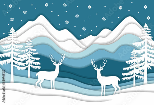 A stunning paper-cut art style illustration portraying elegant deer amidst snow-covered mountains and pine trees, capturing the serene beauty of a winter wonderland landscape.