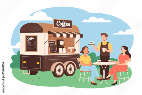 A vibrant coffee stand captures joyful customers enjoying their drinks, symbolizing social interaction, community, and the daily rituals of coffee culture in a cheerful setting.