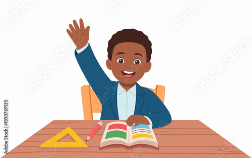 A joyful child enthusiastically raises his hand in a classroom, symbolizing curiosity, eagerness to learn, and the fun of educational engagement in a positive environment.
