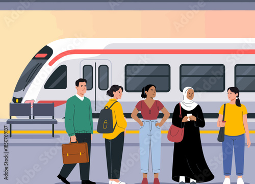 A diverse group of individuals standing at a modern train station, highlighting community, connection, and the journey of life in a bustling urban environment.