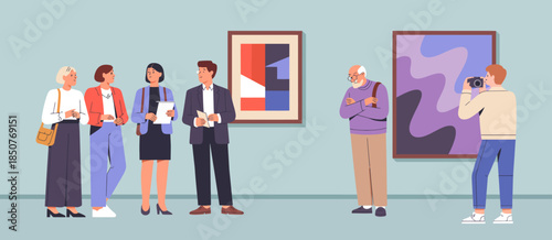 A diverse group of individuals engage in conversation while admiring artwork in a contemporary gallery, showcasing the social and cultural vibrancy of art appreciation.