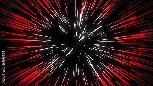 seamless looping animation of flying through a hyperspace or light-speed tunnel with red streaking lines create a futuristic, high-tech, or sci-fi background.