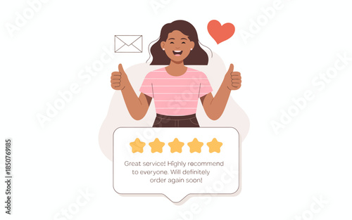 A delighted young woman gives two thumbs up while enthusiastically reviewing a service, embodying satisfied customer experience and exceptional quality with a cheerful demeanor.