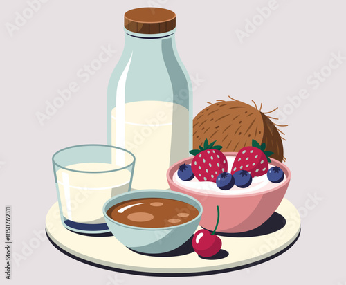 This appetizing image showcases a healthy breakfast arrangement featuring yogurt, berries, and milk, promoting nutritious choices for a vibrant and energized start to the day.