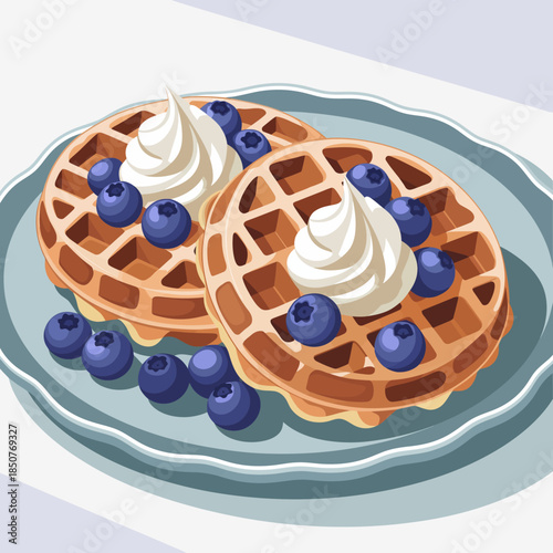 A mouthwatering presentation of waffles topped with fresh blueberries and cream, showcasing a delightful breakfast dish that blends visual appeal with culinary delight.
