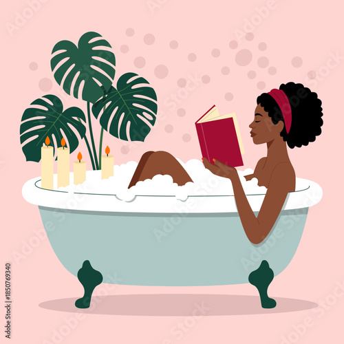 A serene scene of a woman enjoying a book in a bubble bath, surrounded by calming elements, epitomizing relaxation, self-care, and personal indulgence.