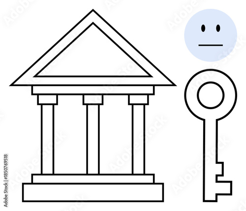 Justice system, legal protection, impartiality, security access, law concepts, decision-making. Courthouse with columns, a key icon and a neutral face. Justice system and legal protection concept