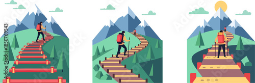 Hiker Climbing Mountain Trail in Sunny Day with Green Landscape