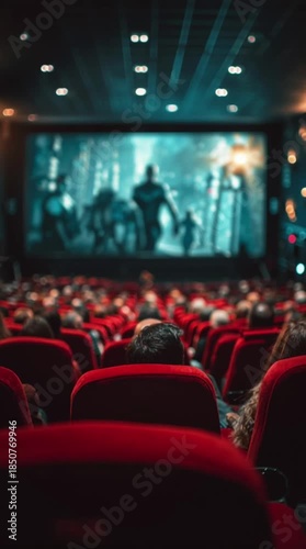 Audience watching movie on big screen in cinema with red seats, vertical video