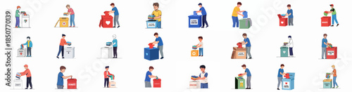 Collection of vector illustrations depicting people donating clothes for charity, highlighting various donation boxes and bins for humanitarian aid and recycling.