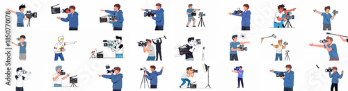 Diverse set of illustrations featuring young male filmmakers, videographers, and content creators with cameras, clapboards, and production equipment.