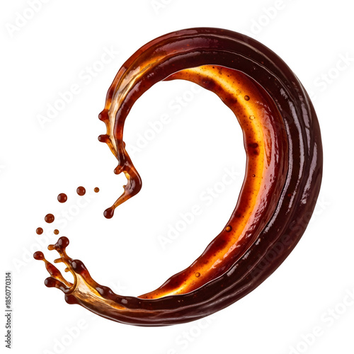 Dynamic splash of rich dark coffee or thick chocolate sauce frozen in a perfect swirling circle isolated on black