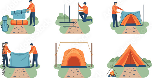 Camping scene with two people setting up tents and preparing outdoor campsite in natural environment