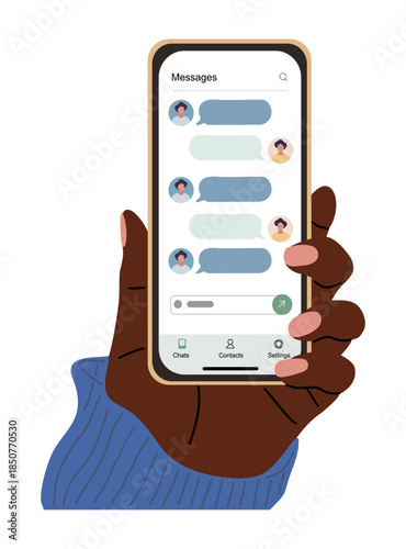 Dark skinned hand holding a smartphone with a clean messaging app interface and colorful chat bubbles. Modern flat illustration isolated on transparent background