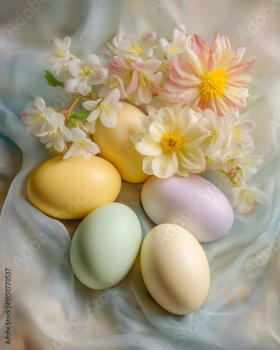 Colorful easter eggs with blossoming flowers