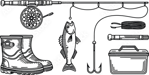 Hand Drawn Fishing Gear and Tackle Sketch Vector Set