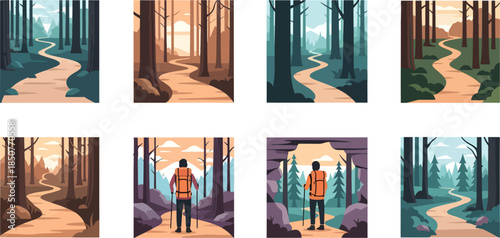 Hiker Walking in Forest Path in Various Seasons and Lighting Conditions