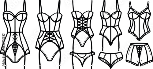 Hand Drawn Lingerie Vector Set: Corset, Bodysuit, and Underwear Line Art Collection