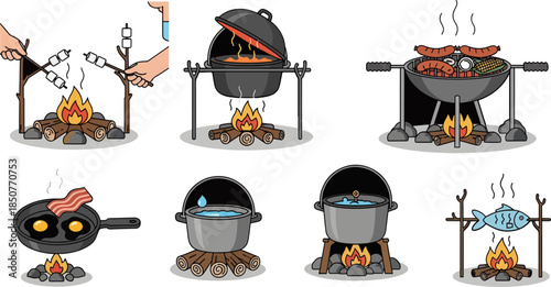 Illustration of Outdoor Camping Cooking Equipment and Food Preparation